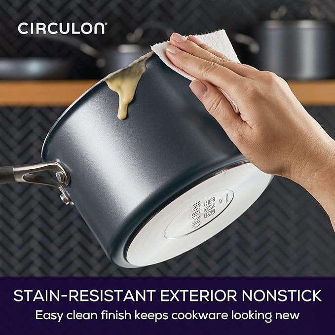 Circulon A1 Series with ScratchDefense Technology Nonstick Induction Straining Sauce Pan with Lid, 3 Quart, Aluminum, Graphite