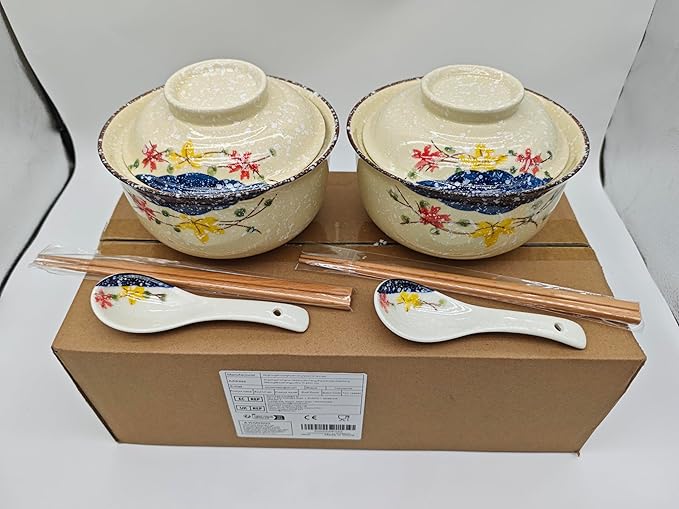 Ceramic Ramen Bowl Set, 800ml, with Lid, Spoon and Chopsticks, Japanese Vintage Large Soup Bowls Instant Noodle Bowl Asian Tableware (Color*2)