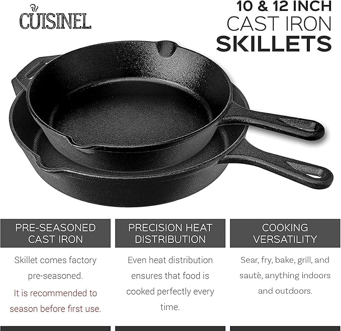 Cuisinel Cast Iron Skillet Set - 10" + 12" Frying Pan + Glass Lids + 2 Handle Cover Grips - Pre-Seasoned Oven Cookware - Indoor/Outdoor Use - Grill, Stovetop, Induction, BBQ, Camping, Fire Use