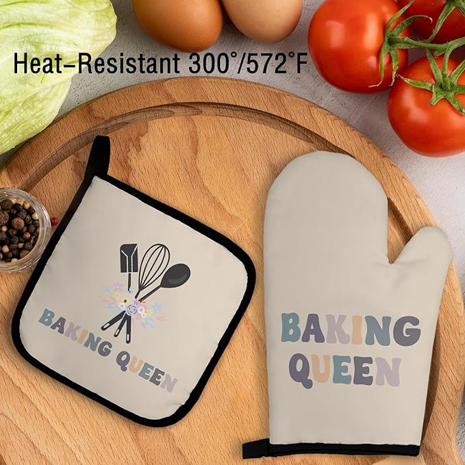 Baking Queen Oven Mitts and Pot Holders Sets, Baker Mittens, Gifts for Women, Beige Floral Kitchen Decor, Lover Gloves