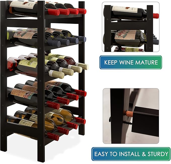 SMIBUY Bamboo Wine Rack, 20 Bottles Display Holder, 5-Tier Free Standing Storage Shelves for Kitchen, Pantry, Cellar, Bar (Black)