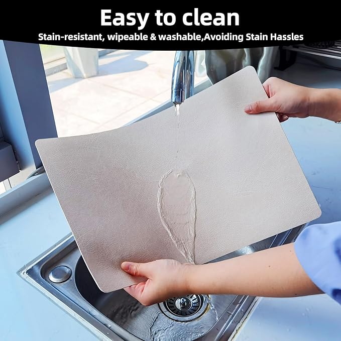 Vinyl Placemats Set of 6-12×17.7 Inch Waterproof & Heattable Placemats, Fall Faux Leather Wipeable Outdoor Table Mat for Dining, Kitchen, Indoor Outdoor Use (Beige, Cowhide Grain)