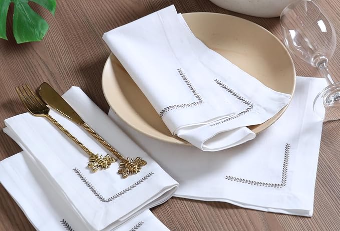 Bedding Craft Cotton Cloth Dinner Napkins Set of 12 – 18x18 with Decorative Embroidery & Selvedge – Machine Washable Fabric Napkins for Weddings, Baby Showers, Christmas & Easter