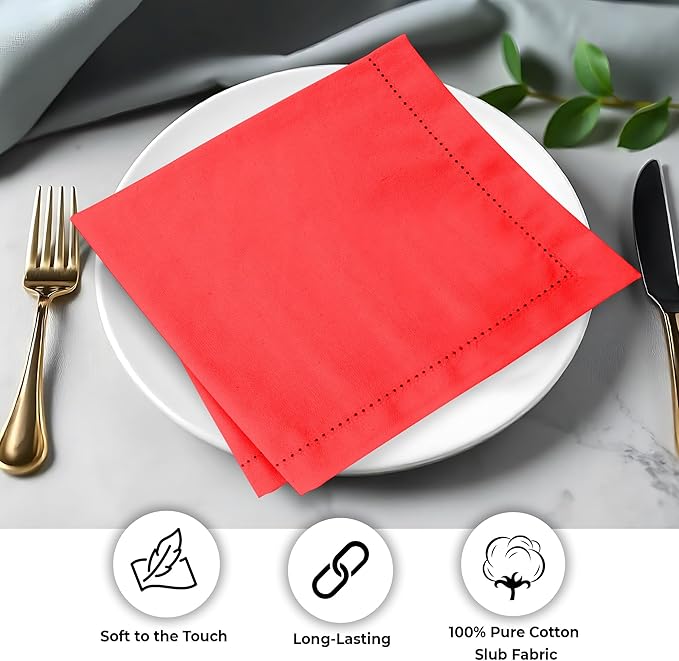 Urban Villa Cloth Napkin Set of 12 Hemstitch Solid Red 20x20 Inches Premium Soft Cotton Highly Absorbent Reusable & Washable Dinner Table Napkins for Home and Weddings