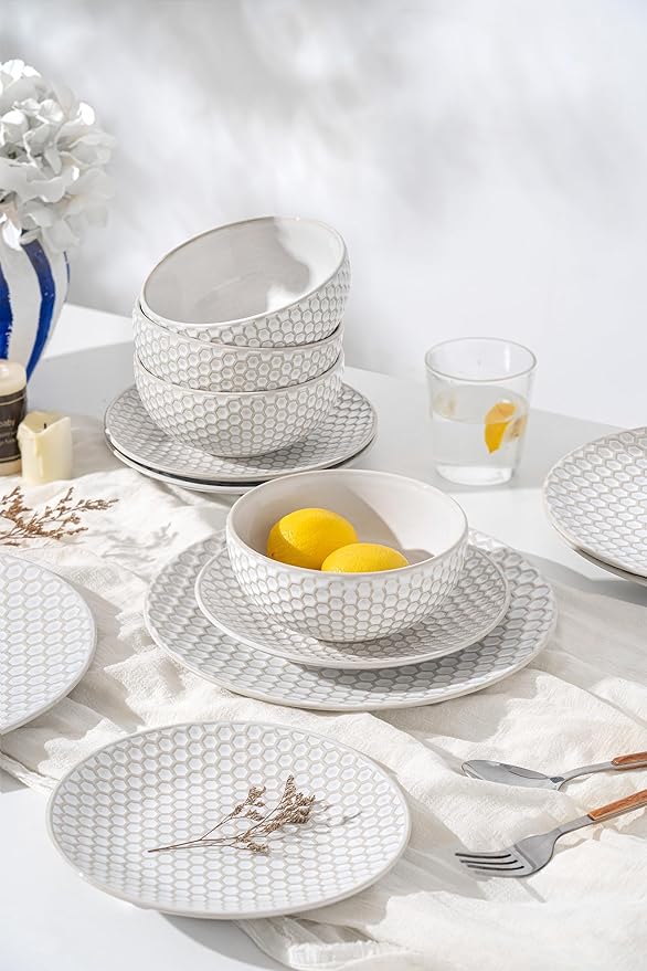 Dinnerware Sets for 4, Ceramic Microwave Safe Plates and Bowls Sets, 12 Piece Matte Chip Resistance Dish Set, Home Essentials Embossment Stoneware Dinnerware Set, Wedding Gift