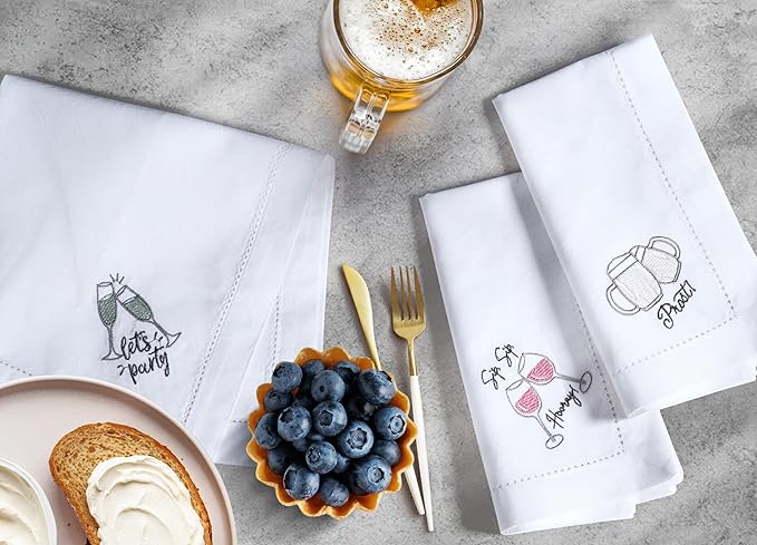 Bedding Craft Cotton Cloth Dinner Napkins Set of 12 – 18x18 Embroidered Motif with Decorative Hemstitch – Machine Washable Fabric Napkins for Weddings, Baby Showers, Christmas & Parties