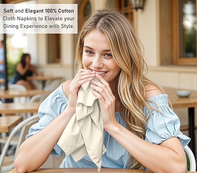 Ruvanti Cloth Napkins Set of 12, 18x18 Inches, 100% Cotton, Washable, Soft & Absorbent, Perfect for Wedding, Christmas, ‎Thanksgiving Dinners - Antique White