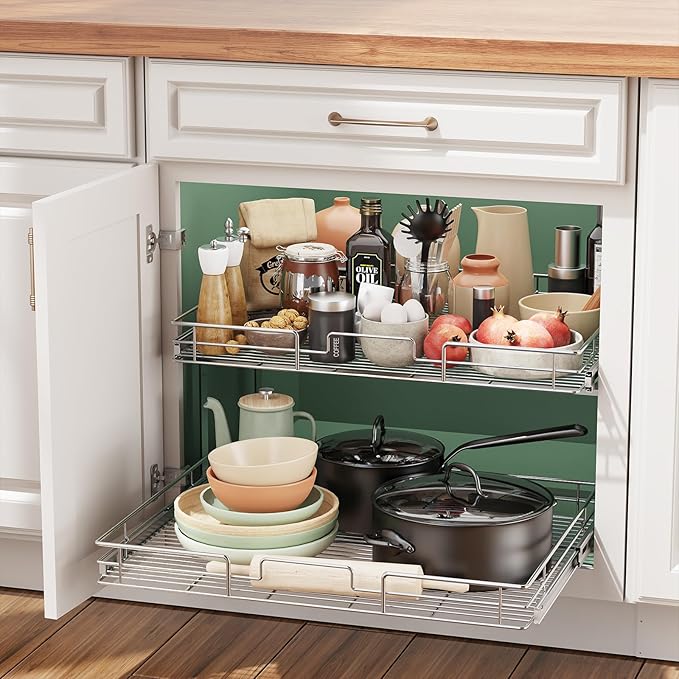 LOVMOR 2 Tier Individual Pull Out Cabinet Organizer 25½" W x 21½" D, Slide Out Kitchen Cabinet Storage Sliding Shelves