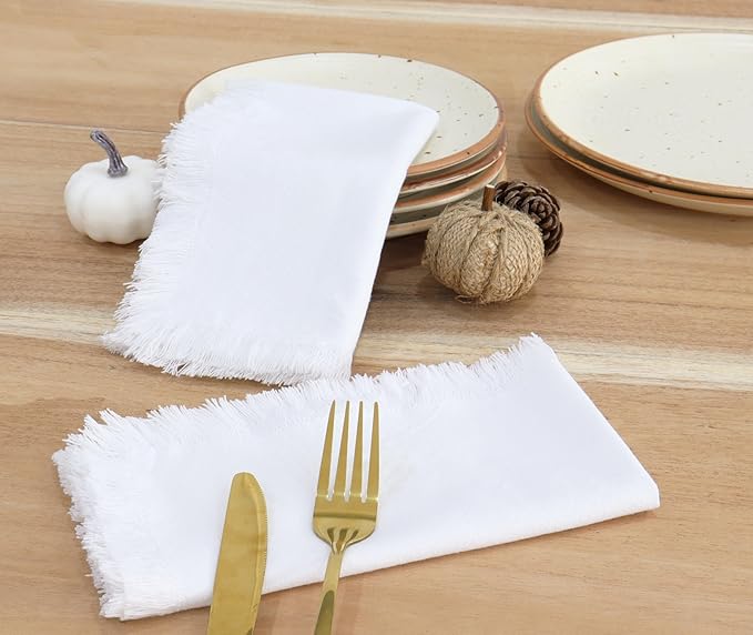 PurpleEssences Cloth Napkins with Fringes, 100% Cotton Christmas Holiday Winter Table Decor, Set of 6 18x18 Inch Reusable Dinner Napkins for Parties and Weddings - White