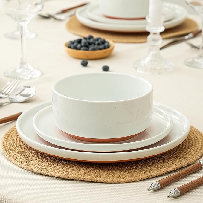 24 Piece Ceramic Dinnerware Set for 8, Modern Minimalist Stoneware Dinner Plates and Bowls, Microwave Safe, Dishwasher Safe, Versatile for All Seasons, Stardust Glaze White