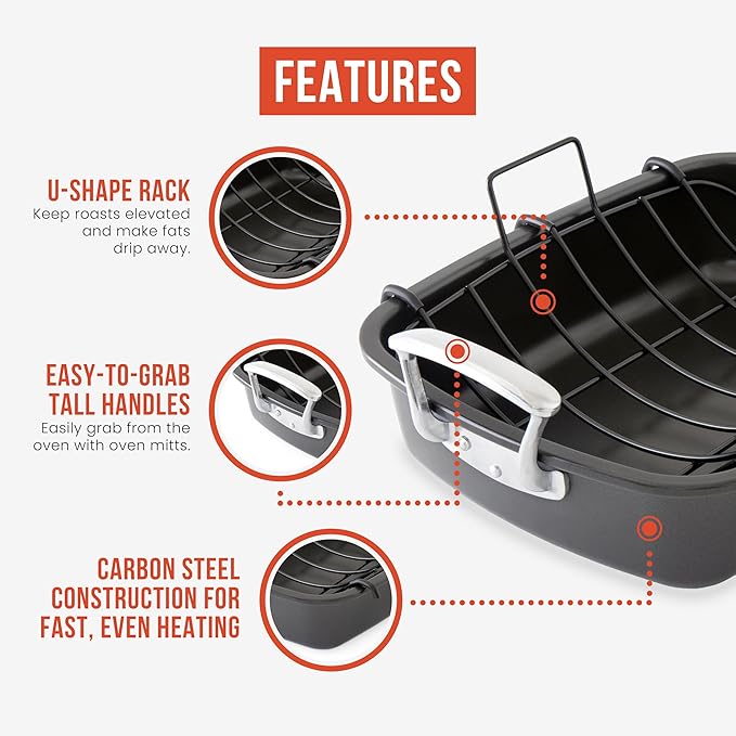 Chef Pomodoro Deluxe Large Carbon Steel Roasting Pan with U-Rack, 18.5 x 14.5-In (47 x 37 cm), Extra-Large, Grey – The Ultimate Solution for Flawless Roasts, BBQs, and Oven-to-Table Entertaining