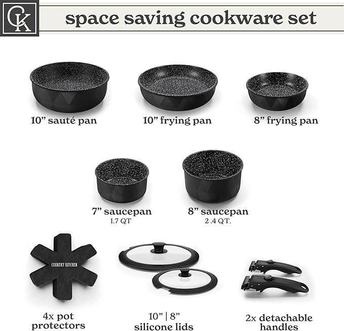 Country Kitchen Cookware Set with Removable Handle, Oven & RV Safe Pots and Pans Set, Black Diamond, Original