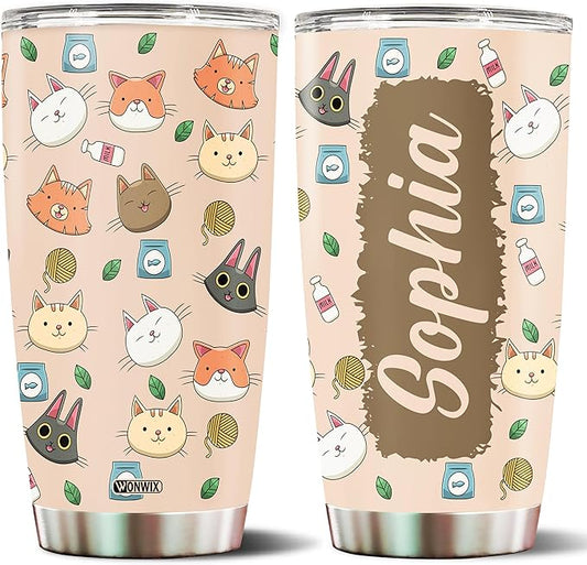 Personalized Cat Tumbler Gifts for Girls Kids Daughter 20oz Travel Cup Coffee Mug Stainless Steel Insulated with Lid Custom Name Watter Bottle Gift for Cat Lover