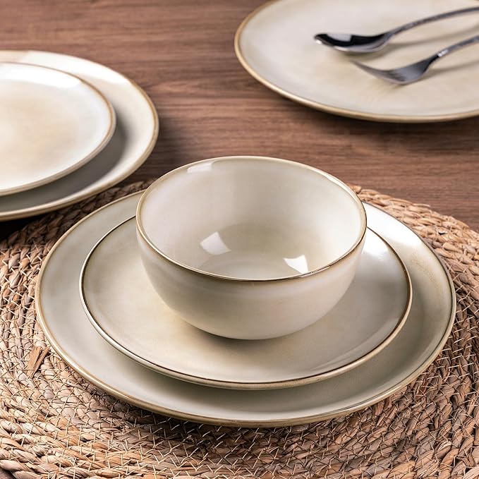 GBHOME Ceramic Dinnerware Sets for 4, 12 Pieces Stoneware Plates and Bowls Sets, Reactive Glaze Dishes -Scratch Resistant, Dishwasher&Microwave Safe-Cappuccino