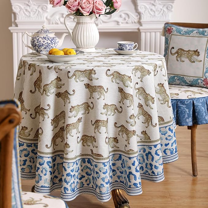 patdrea Leopard Animal Linen Table Cloth Soft Breathable Tabletop Cover Dacorative Kitchen Dining Tablecloth for Round Tables for Kitchen Dining Parties,Holiday Christmas,Diameter 67"