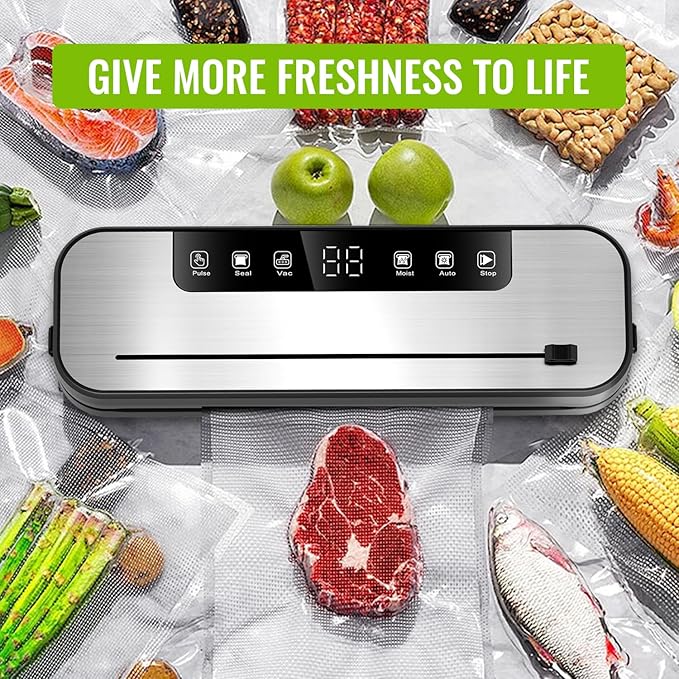 FIRE HIVE 5-in-1 Vacuum Sealer Machine for Food, 75KPa Powerful Suction, 11.8" Sealing Strip, Purple Light Clean, Built-in Sliding Cutter, Dry & Moist Modes, LED Display, 10 Vacuum Bags Included