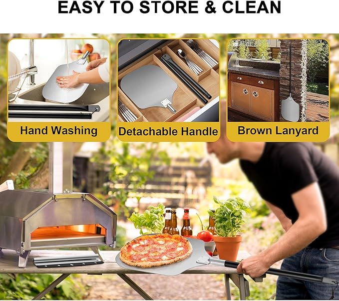 Pizza Peel Aluminum Pizzas Spatula (12 Inch), Joyfair Long Handle Metal Pizza Paddle with Cutter Rocker Pizza Oven Accessories Turning Tool Kit, Commercial Grade (Extent length 38.5’’ to 49’’)