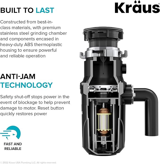 KRAUS WasteGuard 1/2 HP Continuous Feed Ultra-Quiet Motor Garbage Disposal with Quick Connect Mount, Power Cord and Flange Included, KWD110-50MBL