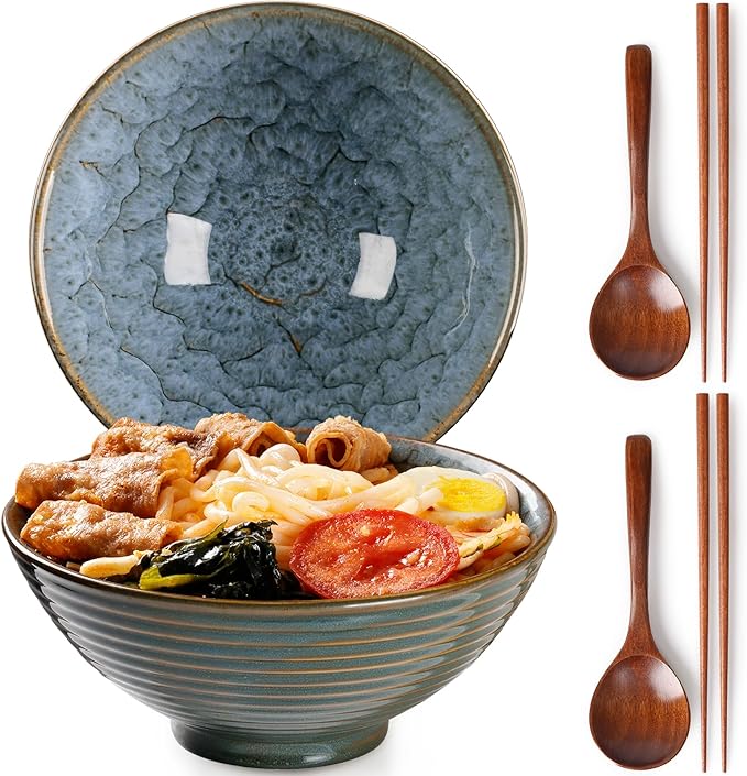 NUTRIUPS 8 Inch Ceramic Ramen Bowl Set of 2 Pho Bowls 40oz Japanese Noodle Udon Soup Bowls with Spoons and Chopsticks (Blue Peacock)