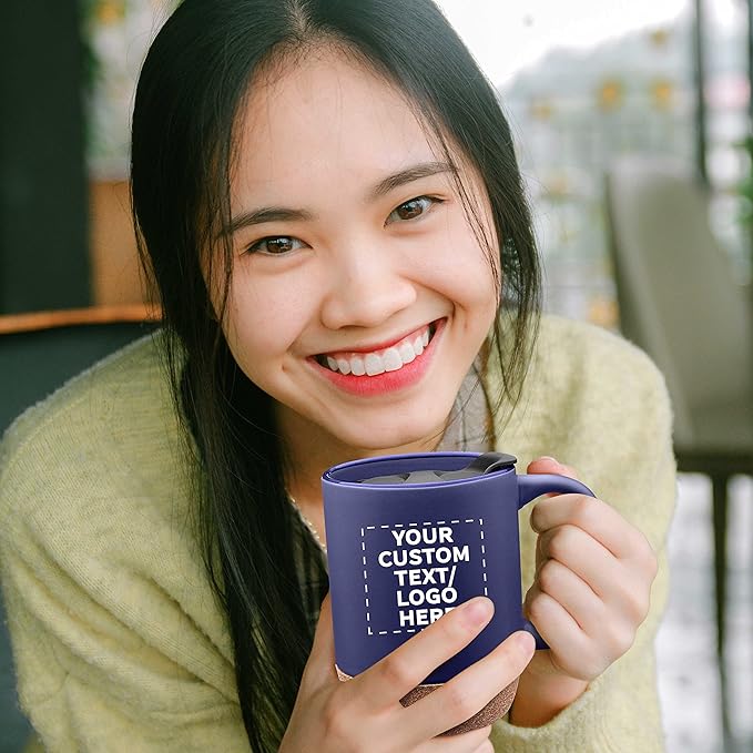 Custom Barista Ceramic Mugs with Cork Bottom 13 oz. Set of 72, Personalized Bulk Pack - Perfect for Coffee, Tea, Espresso, Hot Cocoa, Other Beverages - Blue