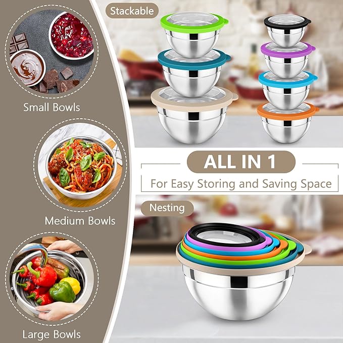 P&P CHEF Mixing Bowl with Lid Set of 7, Stainless Steel Nesting Salad Bowls for Cooking Serving Prepping, Clear Lids & Stackable Design, Size 4.6, 3.5, 3, 2, 1.5, 1, 0.7 Qt - Multicolor