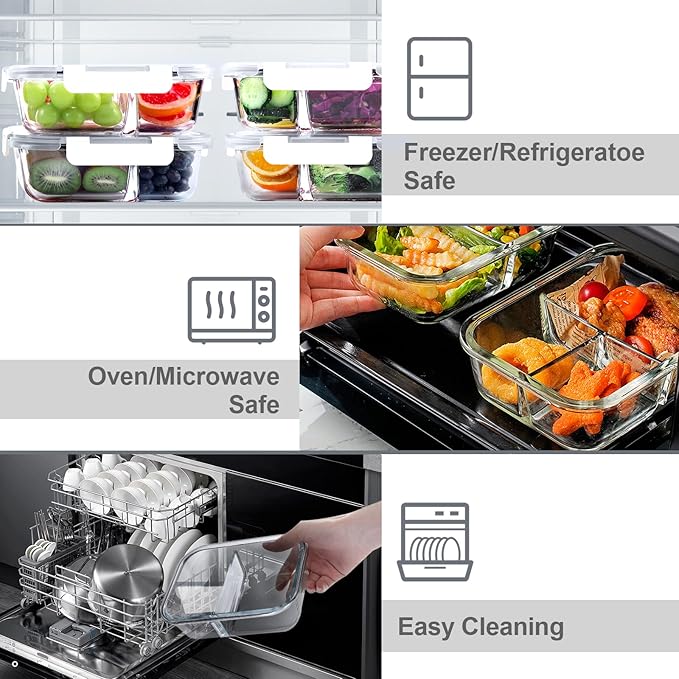 VERONES 5 Pack Glass Meal Prep Containers 3 Compartment Set, 36OZ Airtight Glass Lunch Containers, Food Storage Containers with Lids, for Microwave, Oven, Freezer & Dishwasher Friendly,White