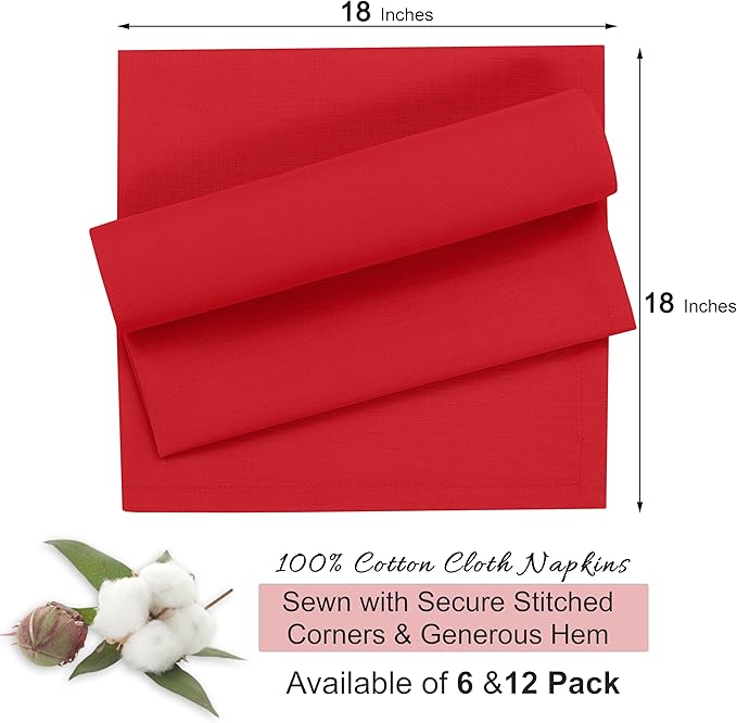 Ruvanti Cloth Napkins Set of 12, 18x18 Inches, 100% Cotton, Washable, Soft & Absorbent, Perfect for Wedding, Christmas, ‎Thanksgiving Dinners - Flame Scarlet