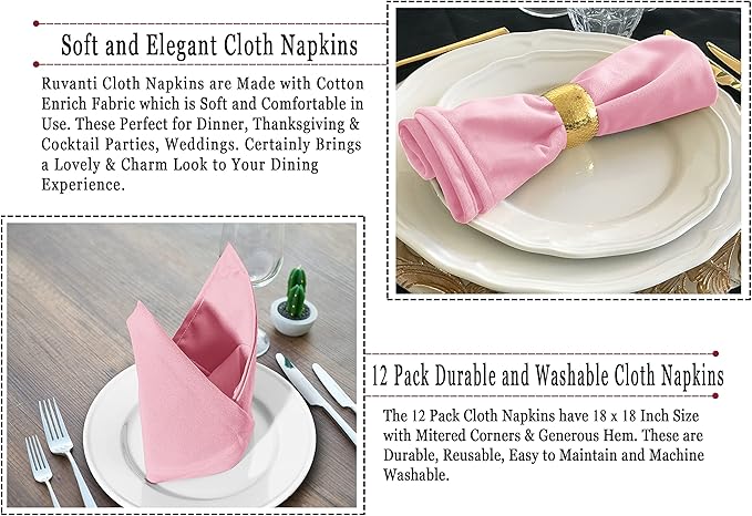 Ruvanti Cloth Napkins Set of 12, 18x18 Inches Napkins Cloth Washable, Soft, Durable, Absorbent, Cotton Blend. Table Dinner Napkins Cloth for Hotel, Christmas, Dinner, Parties - Pink