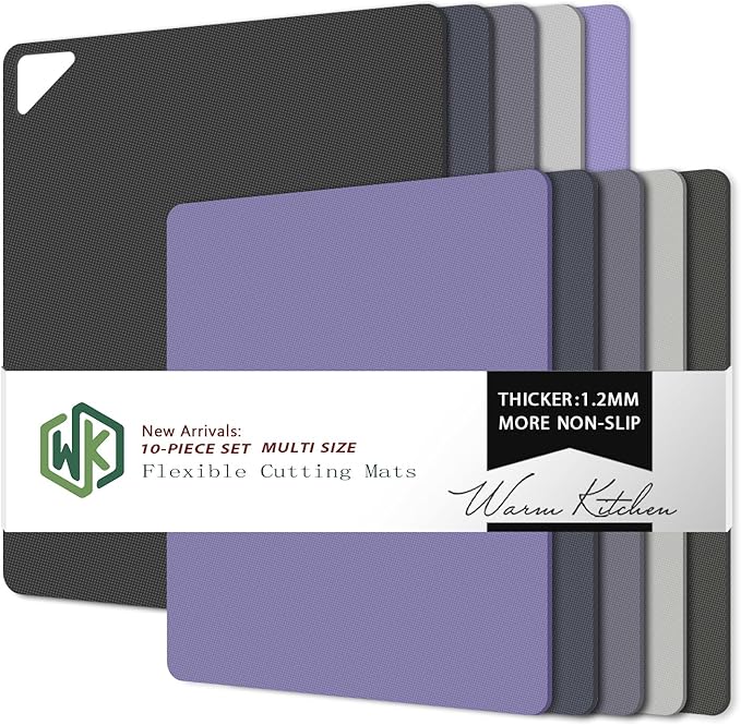 WK Flexible Plastic Cutting Boards for Kitchen Set of 10, Plastic Cutting Mats with Hole, Color Coded Cutting Board, Nonslip, BPA Free, Dishwasher Safe, Multi Size