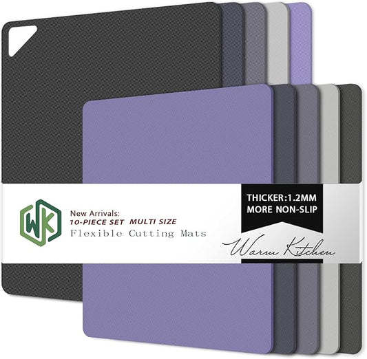 WK Flexible Plastic Cutting Boards for Kitchen Set of 10, Plastic Cutting Mats with Hole, Color Coded Cutting Board, Nonslip, BPA Free, Dishwasher Safe, Multi Size