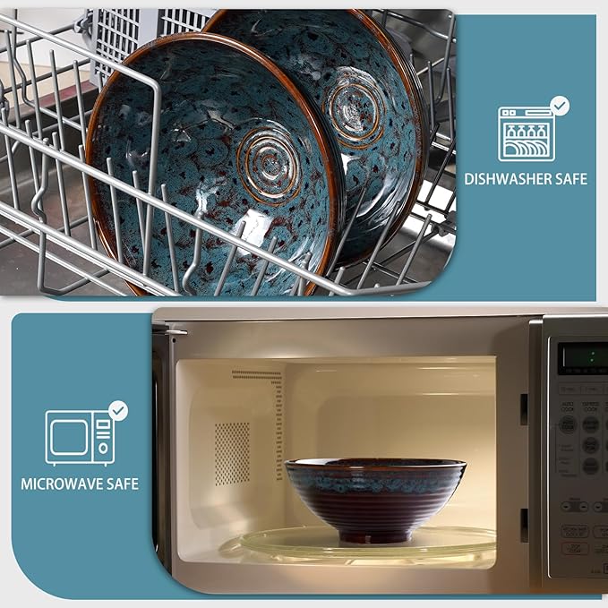 NUTRIUPS 8 Inch Ceramic Ramen Bowl Set of 2 Pho Bowls Japanese Noodle Udon Soup Bowls with Spoons and Chopsticks (Peacock Tail)