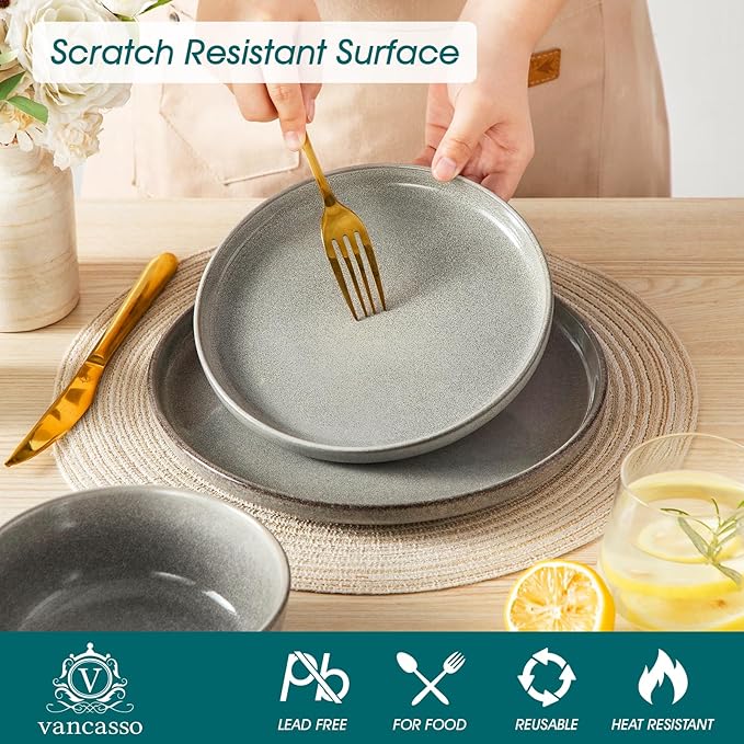 vancasso ANYA 18 Pieces Plates and Bowls Set, Stone Grey Dinnerware Sets, Reactive Glaze Dishes Set for 6, Ceramic Dishware Sets Kitchen Dinner Set, Microwave & Dishwasher Safe