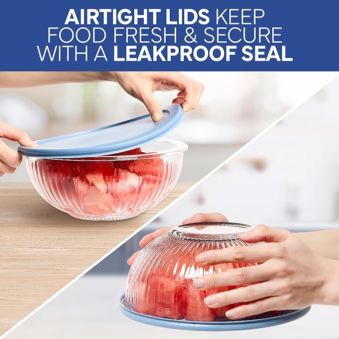 COOK WITH COLOR 12 Pc Glass Mixing Bowl Set with Lids – Borosilicate Glass Nesting Bowls for Cooking, Baking and Meal Prep, Fluted Blue