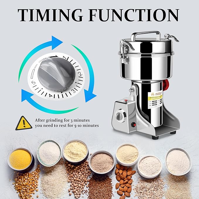 1000g Grain Mill Grinder High Speed Food Grain Mill Stainless Steel Seeds Flour Wheat Nut Spices Corn Pill Herbs & Seasonings Dry Grinder Electric Machine Grinder for Kitchen