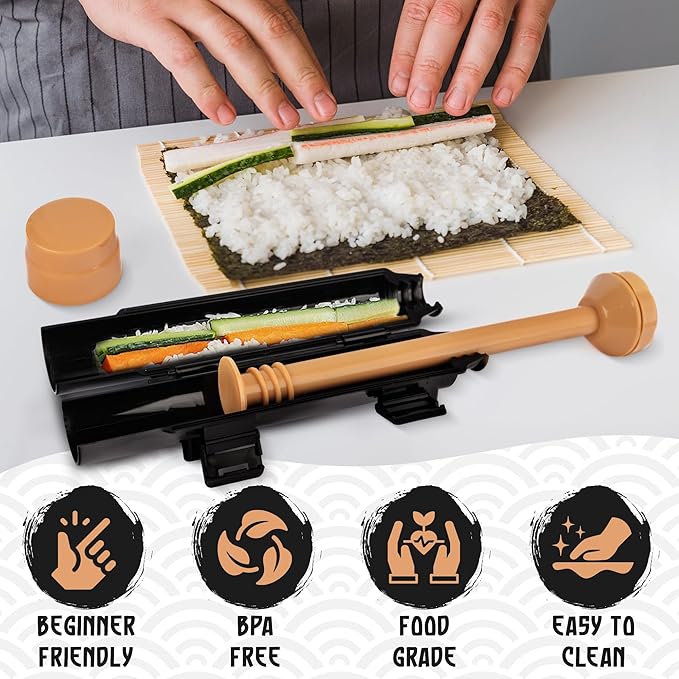 Sushi Making Kit, Sushi Bazooka Maker Kit & Bamboo Rolling Mat, Easy Roller Kit, DIY Set for Beginners at Home, USDA Organic