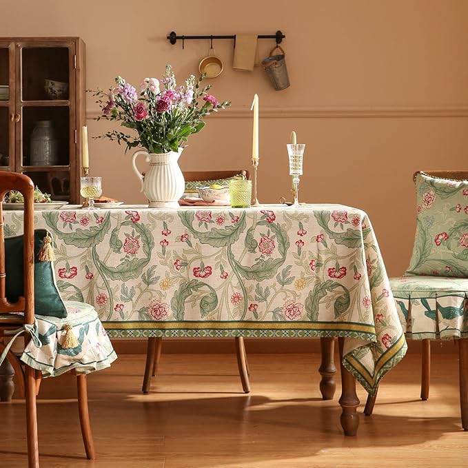 patdrea Designer Small Green Tablecloth for Square Tables,Vintage Linen with Leaves and Flowers Pattern Tablecloths,Farmhouse Floral Table Cover Cloth Decor for Kitchen Dining Christmas,55"*55"