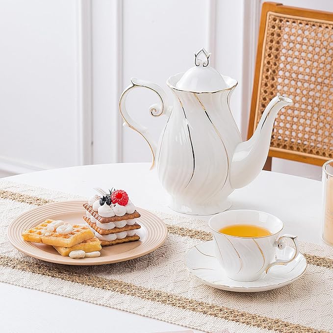 Tea Cups Set Of 6, Tea Cup And Saucer Set,6oz for Tea,Coffee, Latte, Cafe Mocha, Porcelain Tea Party Set (White with gold thread set of 6)