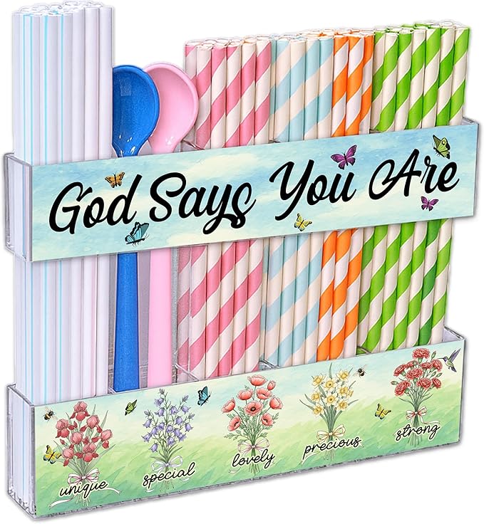 Acrylic Straw Holder for Cabinet Door or Countertop - Clear Organizer & Dispenser with Stickers for Reusable Tumbler Straws, Space-Saving Kitchen Accessories Container, Cupboard Storage