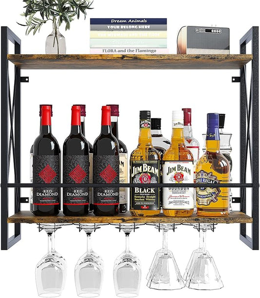 Dokser Wine Rack Wall Mounted 2 Tier Shelf, Wall Wine Rack with Rustic Wood & Industrial Iron Frame, Wine Bottle Holder for Kitchen, Dining Room, Home Bar Decor (Brown)