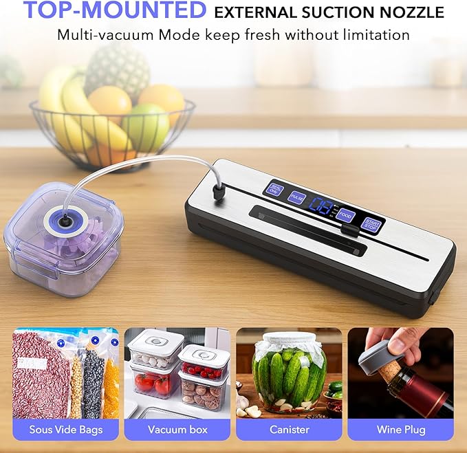 Food Saver Vacuum Sealer Machine + 30 Vacuum Bags, 7-in-1 Multi-Functional Vacuum Sealer, Food Sealer for Freshness Storage, with Dry & Moist Food Modes, Double Heat Seal, Built-in Cutter, Silver