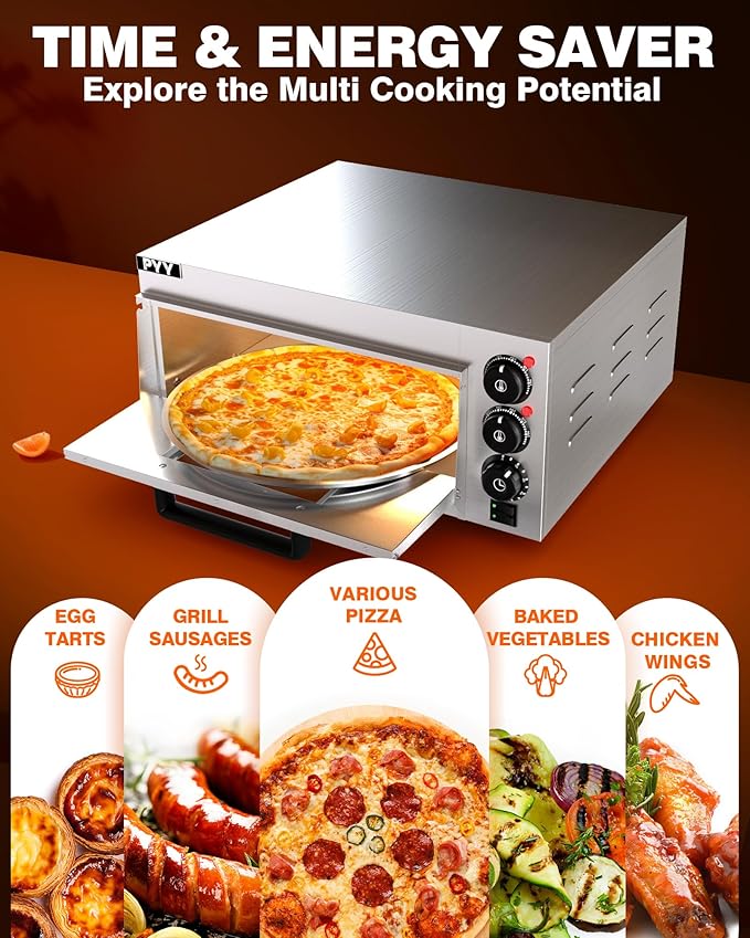 PYY Electric Pizza Oven - Indoor Countertop Pizza Ovens with Visual Window, 14 Inch 1800W Commercial Pizza Cooker with Pizza Stone and Timer, Silver
