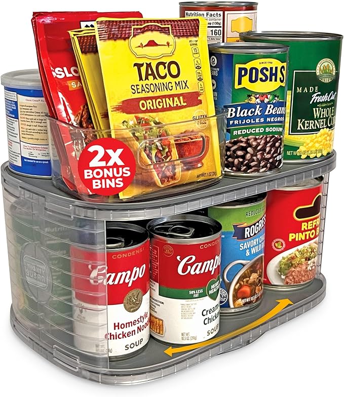 Mighty Susan Kitchen Organizer for Canned Goods: 2-Tiered Robust Turntable Organizer for Cabinet/Pantry. Steel Reinforced Holds Up To 30 lbs. Rotates 360° for Maximum Visibility. Includes 2 Bonus Bins