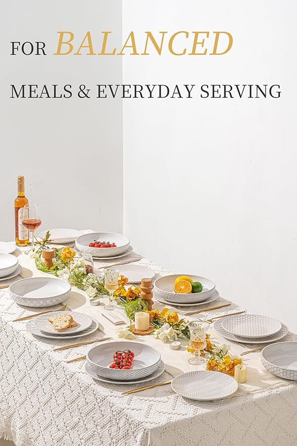 18-Piece Embossed Ceramic Dinnerware Set–6 Dinner Plates,6 Salad Plates,6 Pasta Bowls,Elegant & Durable Tableware,Dishwasher & Microwave Safe,Perfect for Family & Entertaining