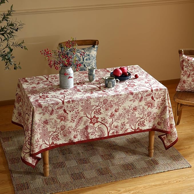 French Tablecloth for Rectangle Tables,Linen Table Cloth with Red Flowers Pattern,Heavy Durable Table Cover for Dining Thanksgiving Kitchen Decor Party Christmas,63"*102"