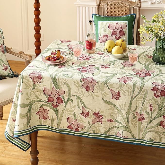 patdrea Designer Purple Tablecloth for Rectangle Tables,Framhouse Linen Violets and Leaves Pattern Linen Tablecloth,Elegant Floral Table Cover Cloth Decor for Kitchen Dining Christmas,63"*87"