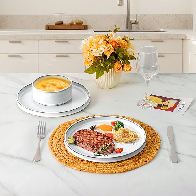 LIANYU Stoneware Dinnerware Dishes Sets for 4, 12 Piece Ceramic Plates and Bowls Dishware Set for Pasta Dessert Cereal, Rustic Terracotta Bottom, Microwave & Dishwasher Safe, Lucent White