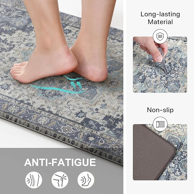 GENIMO Kitchen Mats for Floor, Washable Anti Fatigue Mat for Cushioned, 23.6"x71", Waterproof Kitchen Rugs, Non Slip Comfort Standing Mat Rug for Home, Sink, Laundry, Center Blue