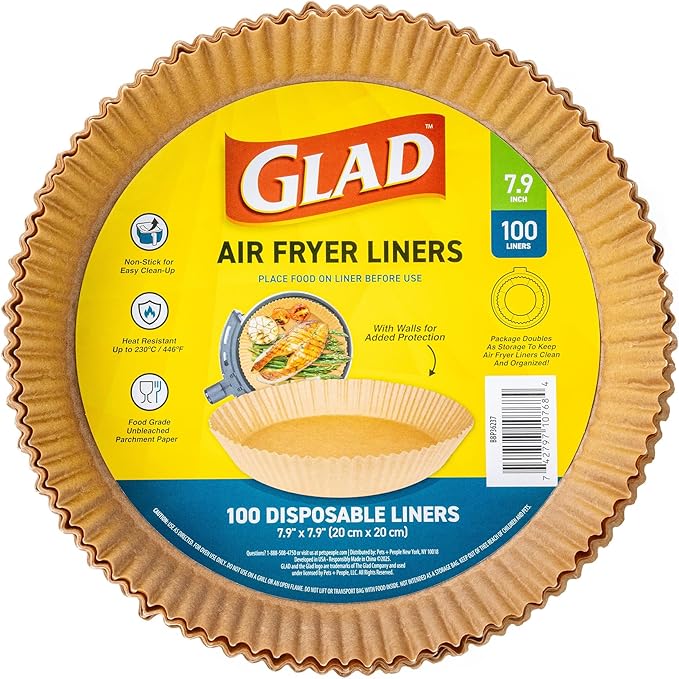 Glad Air Fryer Liners with Walls, Nonstick and Heat Resistant, Food Grade Material, Suitable for Round Air Fryers, Air Fryer Accessories, 7.9" - 100 Count