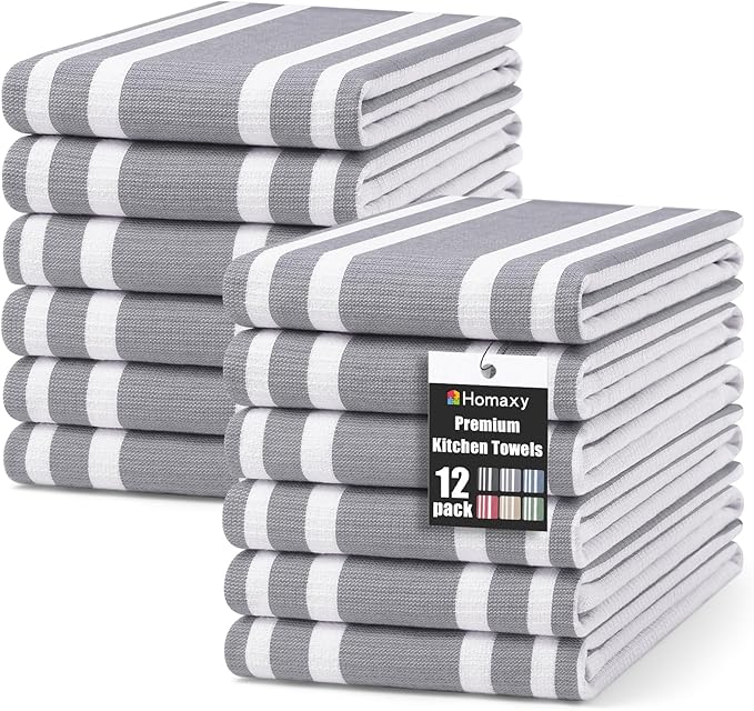 Homaxy Premium Kitchen Towels 18”x 28”, Large Cotton 380 GSM Kitchen Hand Towels, Stripe and Terry Dish Towel, Highly Absorbent Tea Towel Set with Hanging Loop, 12 Pack, Grey