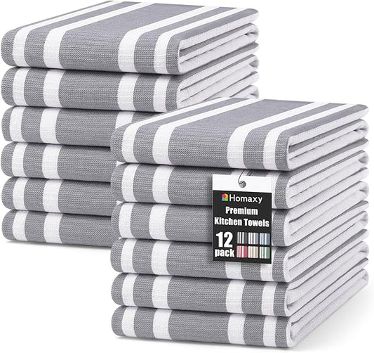Homaxy Premium Kitchen Towels 18”x 28”, Large Cotton 380 GSM Kitchen Hand Towels, Stripe and Terry Dish Towel, Highly Absorbent Tea Towel Set with Hanging Loop, 12 Pack, Grey